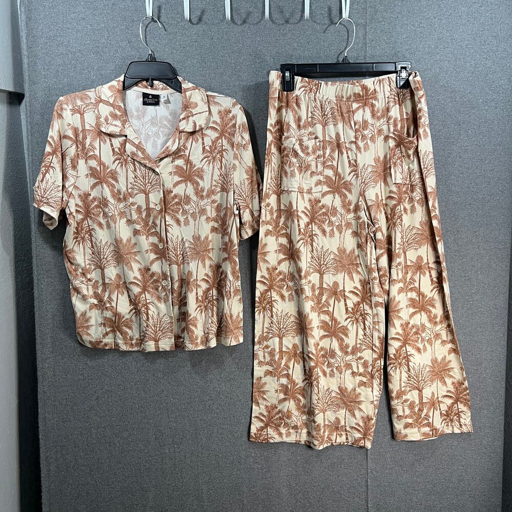 Bumblebella Dreamy Jersey Notch Collar & Pant Pajam Beige/BrownPalm, Medium